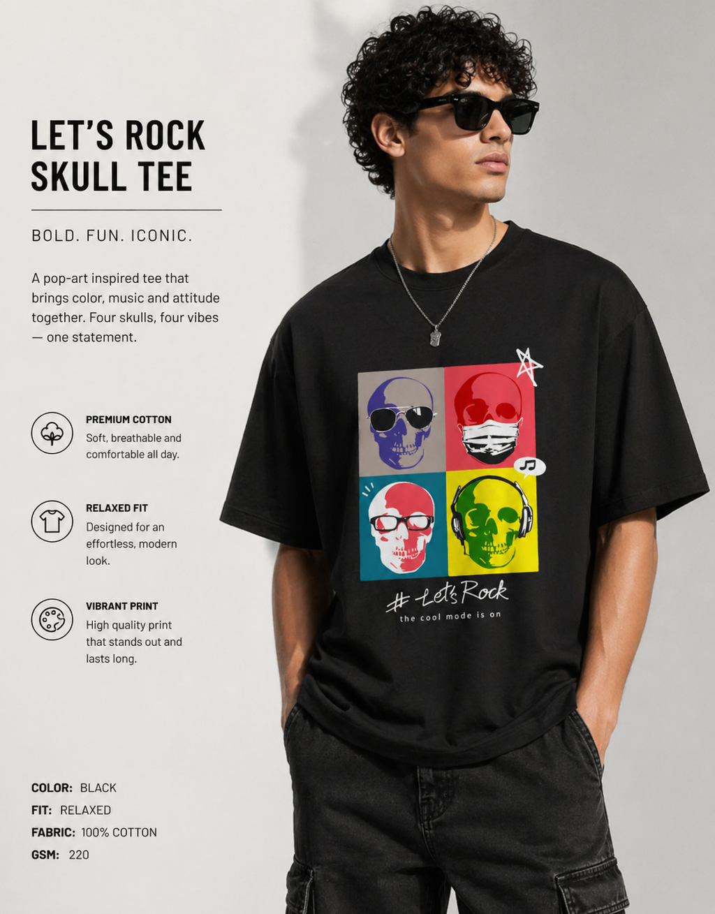 Let’s Rock Pop-Art Skull Tee – Street Vibes Edition