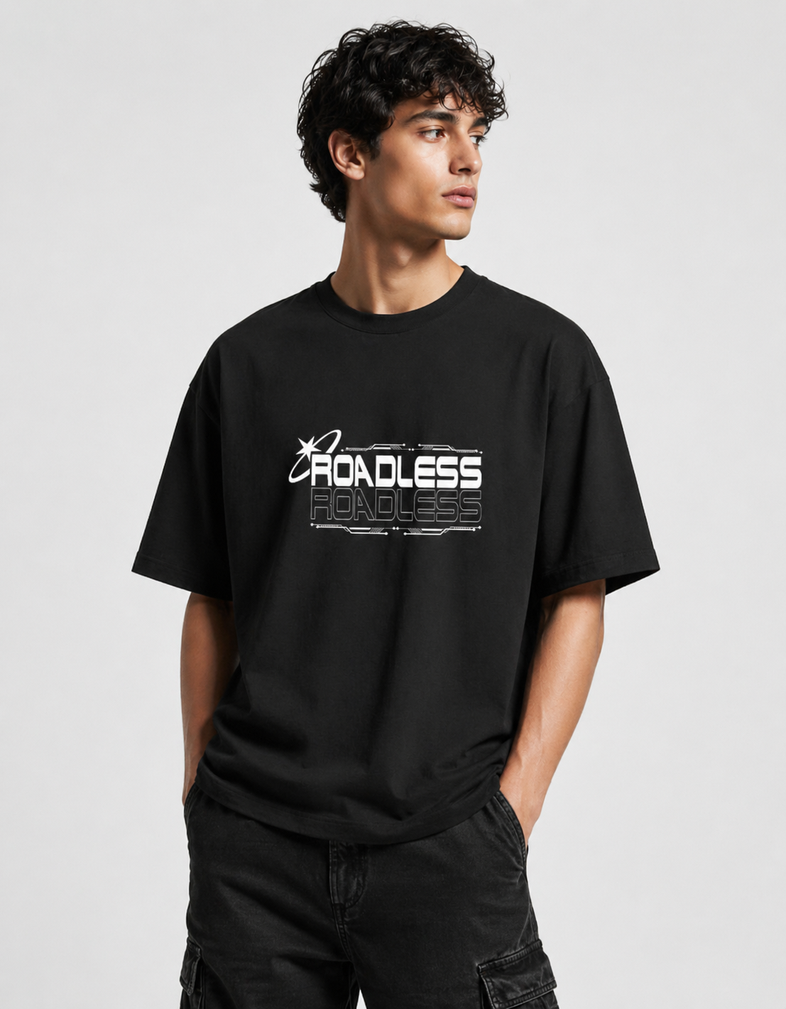 Roadless Oversized Black Tee – Futuristic Streetwear Edition
